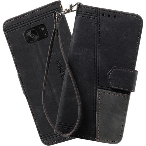 Coque Compatible Avec Galaxy S7 Edge, Portefeuille Housse En Cuir Pu Pour Samsung Galaxy S7 Edge, Magnetique Antichoc Flip Coque, Noir