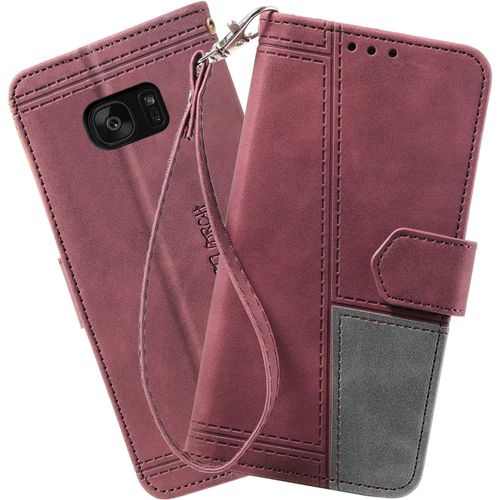 Coque Compatible Avec Galaxy S7 Edge, Portefeuille Housse En Cuir Pu Pour Samsung Galaxy S7 Edge, Magnetique Antichoc Flip Coque, Vin Rouge