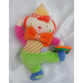 Doudou Peluche Clown Vert Rose Vichy Jaune Noeud Orange Anneaux Corolle