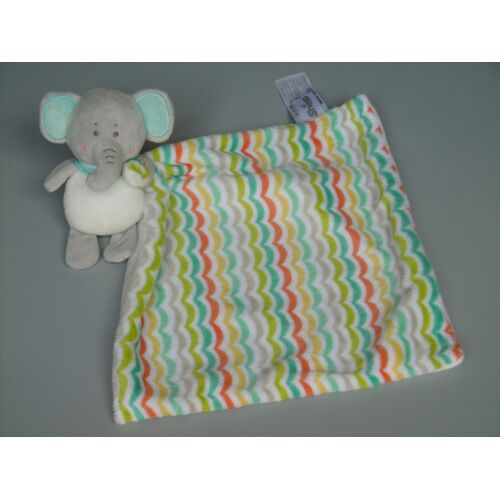 Doudou Éléphant Gris Blanc Bleu Mouchoir Vagues Multicolores Shima