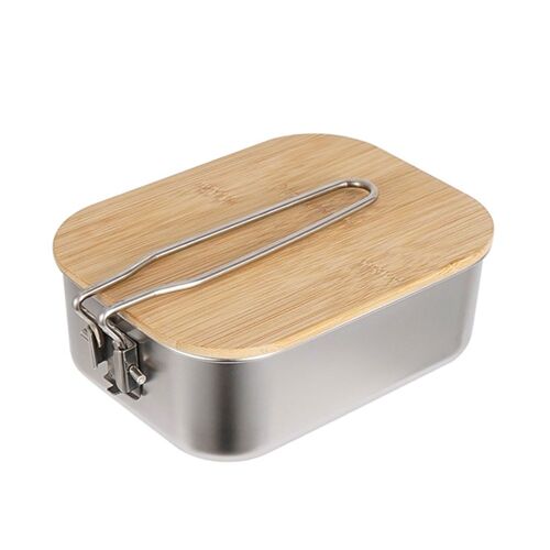Boîte À Déjeuner De Camping En Plein Air En Acier Inoxydable, Couvercle En Bois De Bambou, Portable, Couverture De Planche À Découper De Pique-Nique De Camping, Accessoires