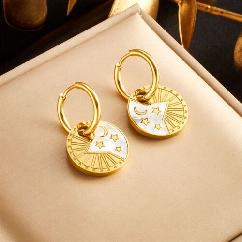 Xiyanike-Boucle D'oreille Dorée En Acier Inoxydable, Pendentif Rond Étoile Et Lune, Accessoires Chics Pour Femme, Cadeau De Bijoux De Tempérament, Sion L