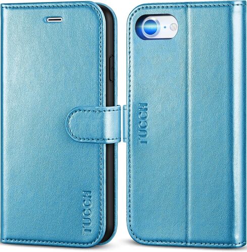Coque Iphone Se 2022 5g, Coque Iphone Se 2020, Housse Portefeuille Iphone 8, Antichoc Tpu Cuir Synthetique Etui Protection [Bequille] [Fentes Cartes] Pour Iphone Se3/Se2/8/7 - Brillant Bleu