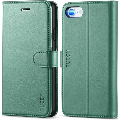 Coque Iphone Se 2022 5g, Coque Iphone Se 2020, Housse Portefeuille Antichoc Tpu Cuir Synthetique Etui Protection [Bequille] [Fentes Pour Cartes] Pour Iphone Se3/Se2/8/7 (4,7 Pouces) - Vert Myrte