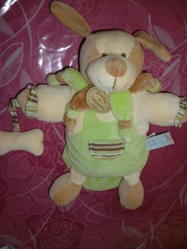 Doudou Marionnette Chien Marron Et Vert Avec Son Os Doudou Et Compagnie