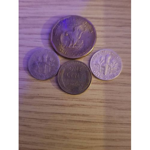 Lot De 4 Pièces Américaines : 1 Dollar (1979) ; 1 Cent (1957) ; 1 Dime (1948 Et 1958)