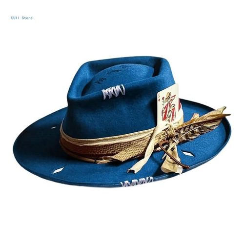 Chapeau En Détresse Pour Hommes Femmes,Avec Ceinture Tissée,Chapeau En Laine,Costume Cosplay,Casquettes Bleues,Sur