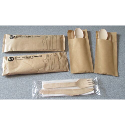 Lot De Kits Couverts En Bambou - Cuillère/Fourchette/Couteau + Serviette - Taille 16/17cm - Non Utilisés - Présentation Individuelle