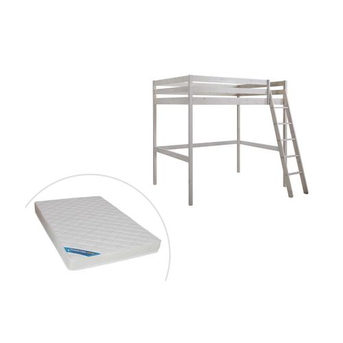 Lit Mezzanine Gedeon Ii - 140 X 190 Cm - Pin Massif - Blanchi + Matelas
