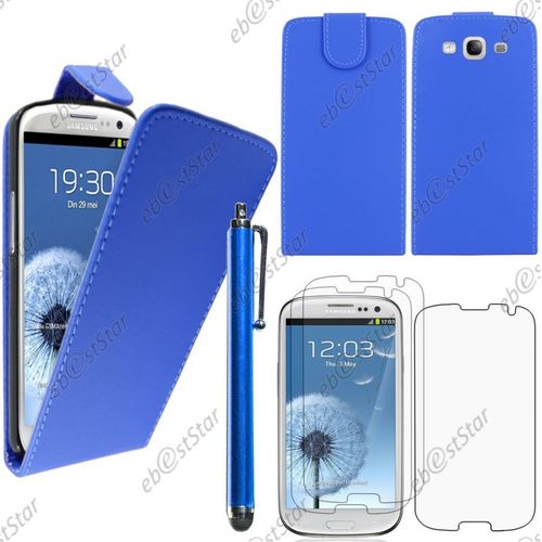 Ebeststar ® Pour Samsung Galaxy S3 I9300 I9305 - Housse Coque Etui Simili Cuir À Rabat Vertical + Stylet + 3 Film Écran, Couleur Bleu [Dimensions Precises De Votre Appareil : 136.6 X 70.8 X 8.6 Mm, Écran 4.8'']