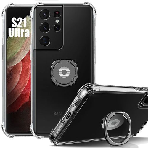 Coque pour Samsung Galaxy S21 Ultra - Silicone Antichoc Slim Transparent avec Support Noir - BOOLING