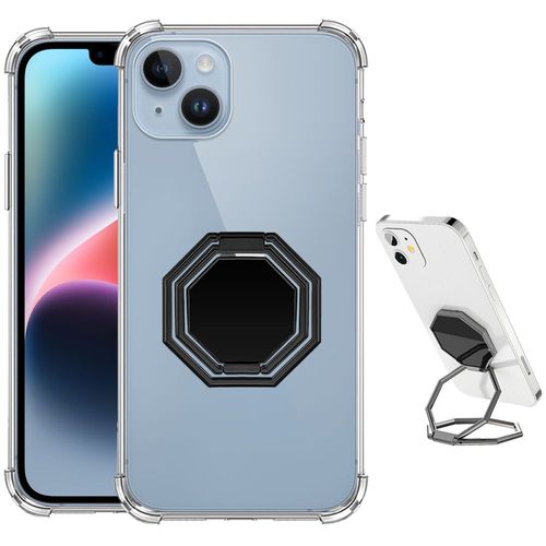 Coque Silicone Pour Iphone 14 Antichoc Transparent Avec Support Octogonal Gris Réglable - Booling