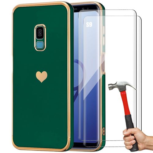 Coque Pour Samsung Galaxy S9 Vert Nuit Antichoc Motif CUr Amour Et 2 Verres Trempés - Booling