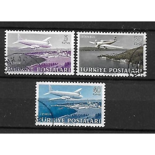 Turquie Poste Aerienne 1949 : Avions : Douglas Dc-4 Sur Izmir / Vickers Sur Itambul / Douglas Dc-4 Sur Izmir - Série De 3 Timbres Oblitérés
