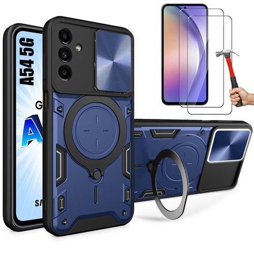 Coque Pour Samsung Galaxy A54 5g Avec 2 Verres Trempés, Coque Avec Cache Caméra Et Anneau Support Bleu Marine - Booling