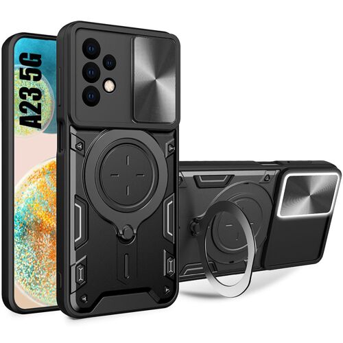 Coque Pour Samsung Galaxy A23 4g/5g Noir Rigide Antichoc Avec Cache Caméra Et Support Anneau - Booling