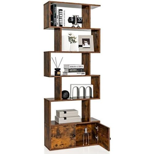 Costway Bibliothèque À 6 Niveaux Avec 2 Portes-70 X 23 X 183 Cm-Étagère De Rangement En Bois Forme En S-Style Industriel-Marron