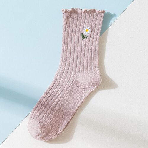 Chaussettes À Fleurs Simples Pour Femmes, Chaussettes Longues Coréennes De Couleur Unie, Kawaii, En Coton Pur À Volants, Tube Central, Mignonnes