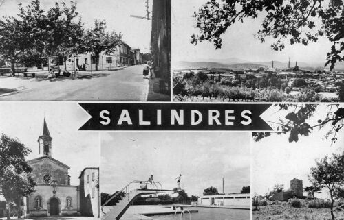 Carte Postale Noir Et Blanc - Dentelee N° 1784 -Salindres Gard - La Rue Principale Et La Place - Vue Generale - L'eglise- La Piscine - La Tour Becamel -Editions Sl