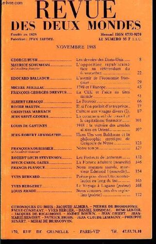 Revue Des Deux Mondes N°11 - George Bush. Les Devoirs Des Etats-Unis..Maurice Schumann De L'académie Française. L¿Opposition Républicaine Face Au Référendum Du 6 Novembre. Edouard Balladur. ...