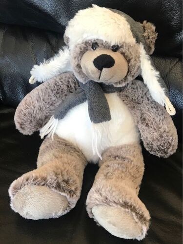 Doudou Peluche Ours Gris Et Blanc Écharpe Grise Et Bonnet D Hiver 32cm