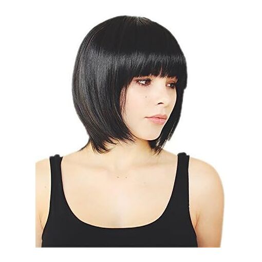 Perruque Synthétique Courte Noire Lisse Avec Frange - Longueur 35cm, Bonnet Moyen, Neuf Sans étiquettes
