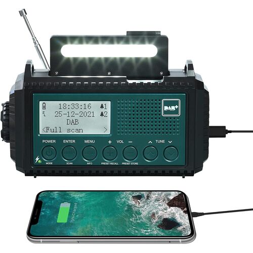 Radio Solaire Portable à Manivelle AM/FM/SW avec batterie Rechargeable 5000mAh, Lampe de Poche LED et Lampe de Lecture, Alarme SOS bleu vert