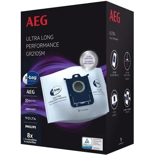 Pack de 8 sacs à poussière synthétiques XXL AEG s-bag® Ultra Long Performance avec filtre moteur et micro-filtre