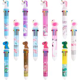 12pcs 10 En 1 Stylos Multicolores À Bille Roulante Rétractable,Stylo À Bille 10 Couleurs Dessin Animé Lapin Dinosaure Flamand Licorne Pour Bureau Fournitures Scolaires Etudiants Cadeau Pour Enfants