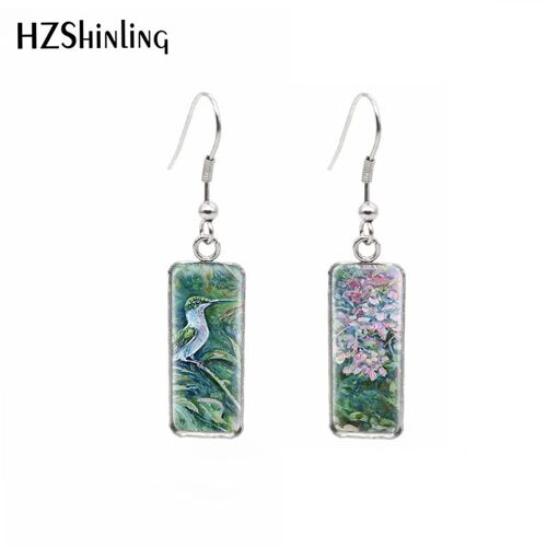 Boucles D'oreilles Rectangulaires À Motif De Colibri, Fleur, Peinture À L'huile, Pendentifs En Verre, Cabochon, Dôme, Bijoux Pour Filles
