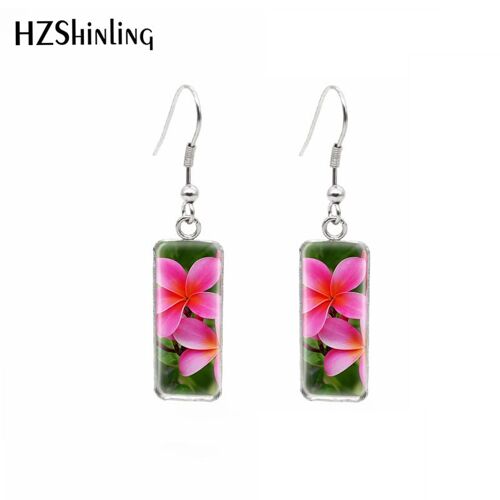Boucles D'oreilles Pendantes À Crochet Rectangulaire, Cabochon En Verre, Artisanat De Bijoux, Art Hawaïen Plumbr, Fleurs Tropicales Personnalisées