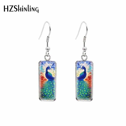 Boucles D'oreilles En Forme De Paon, Bijoux Rectangulaires, Cabochon En Verre, Goutte, En Acier Inoxydable