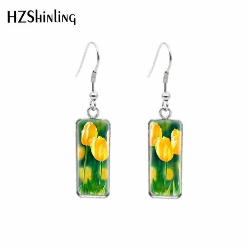 Tulip ¿ Boucles D'oreilles Rectangulaires En Acier Inoxydable, Cabochon En Verre, Goutte D'eau, Bijoux D'oreilles