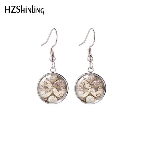 Boucles D'oreilles Rondes Avec Motif De La Terre, En Acier Inoxydable, Cabochon En Verre, Pendentif Goutte, Crochet, Bijoux, 2021