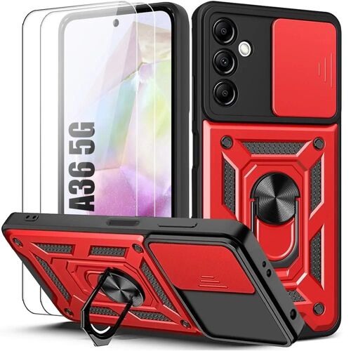 Coque + 2 Verres Trempés pour Samsung Galaxy A36, Bumper Antichoc avec Bague Support et Protection Caméra - Rouge - E.F.Connection