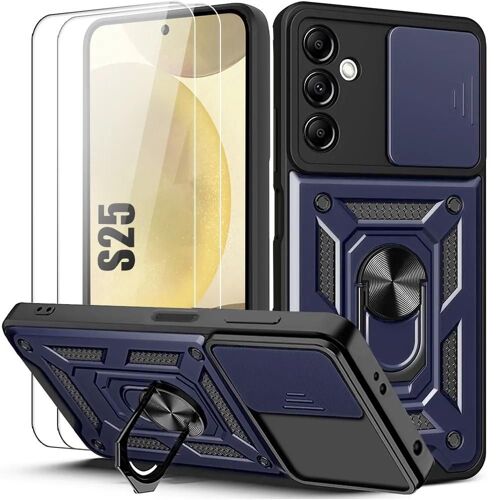 Coque Pour Samsung Galaxy S25 Avec 2 Verres Trempés, Coque Rigide Avec Support Et Protection Objectif Coulissante - Bleu Marine - E.F.Connection
