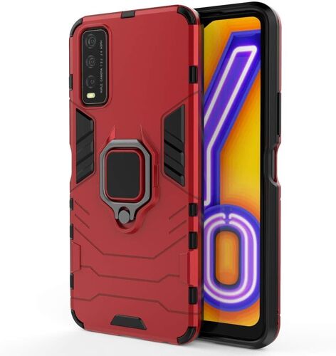 Coque Pour Vivo Y20s / Y11s, Housse Tpu/Pc Armor Etui Avec Holder Support, Hybrid Silicone Case Antichoc Bumper Cover, Rouge