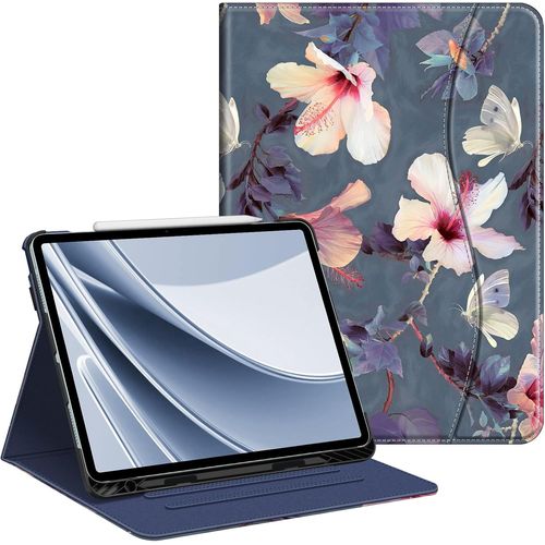 Coque pour iPad Air 13 Pouces M3/M2 (2025/2024) - [Rangement de Stylet] Housse Folio Multipositions avec Poche de Document Etui Veille/Réveil Auto, Fleur Hibiscus