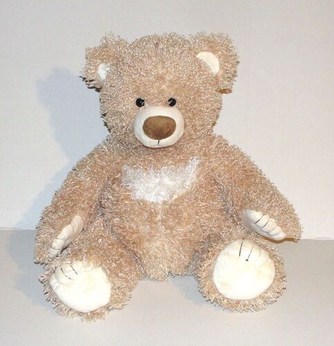 Ours En Peluche A Poils Longs Playkids - Doudou Ours Marron Clair Coeur Blanc
