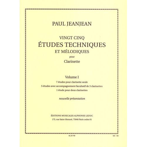 Paul Jeanjean : 25 Études Techniques Et Mélodiques Pour Clarinette Volume 1