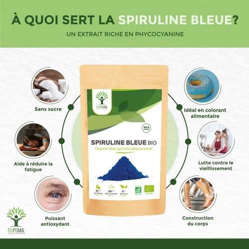 Spiruline Bleue Bio - Bioptimal - En Poudre - 55% Phycocyanine Blue 51% Protéines - Colorant Alimentaire Bleu Intense - Cuisine Recette - Contrôlé Et Conditionné En France - Certifié Par Ecocert - 50g 