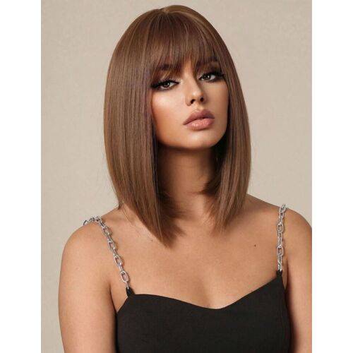 Perruque Femme Synthétique Marron Foncé Lisse Courte A Frange 35cm 