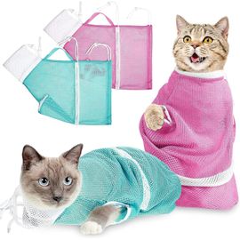 Lot De 2 Sacs De Bain Pour Chat (Rose Et Vert), Sac De Bain Pour Chat En Maille Résistant Aux Morsures Et Aux Éruptions Cutanées, Sac De Bain Ajustable Multifonctionnel, Coupe Les Griffes, Nettoie Les