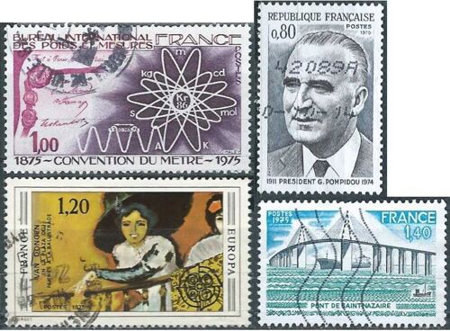 France 1975, Beaux Timbres Yvert 1839 Président Georges Pompidou, 1841 Europa, "Femme À La Balustrade" Par Van Dongen, 1844 Convention Du Mètre, 1856 Pont De Saint Nazaire, Oblitérés, Tbe -