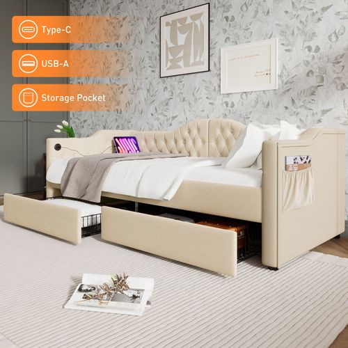 Canapé-lit 90x200cm, rangement, USB-C, 2 tiroirs, velours beige