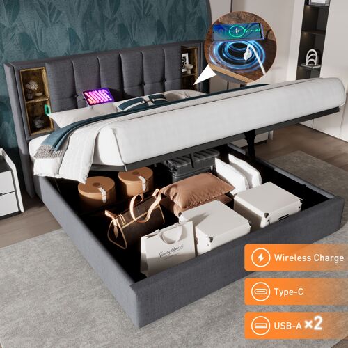 Lit double 160x200cm - charge sans fil USB-C, sommier bois, coton gris (sans matelas)