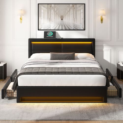Lit double 140x200cm - USB/LED, 4 tiroirs, motif PU liège, noir (sans matelas)
