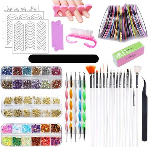 Kal-Kit De Nail Art,83 Pièces Nail Art Kits,Avec 15 Brosse À Pinceaux,5 Stylos Dotting,30 Striping Tape,3 Boîtes Ongles Strass,Nail Art Accessoires Professionnel Kit 