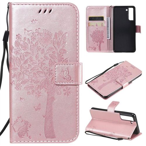 Saturcase Coque Pour Samsung Galaxy S21 Fe 5g, Arbre À Chat Pu Cuir Magnétique Flip Portefeuille Support Porte-Carte Protecteur Housse Étui Avec Dragonne Pour Samsung Galaxy S21 Fe 5g (Or Rose)