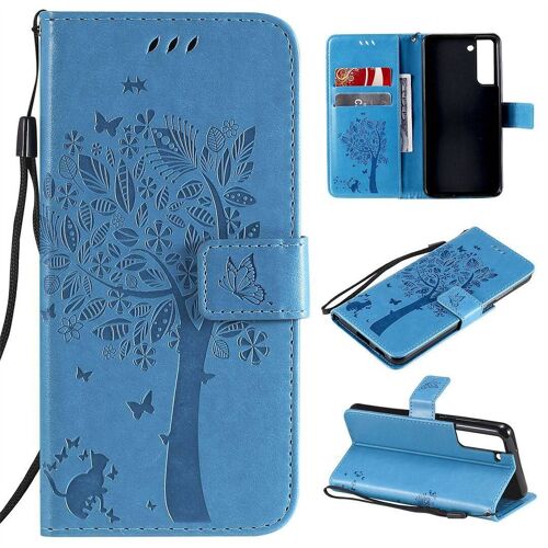 Saturcase Coque Pour Samsung Galaxy S21 Fe 5g, Arbre À Chat Pu Cuir Magnétique Flip Portefeuille Support Porte-Carte Protecteur Housse Étui Avec Dragonne Pour Samsung Galaxy S21 Fe 5g (Bleu)
